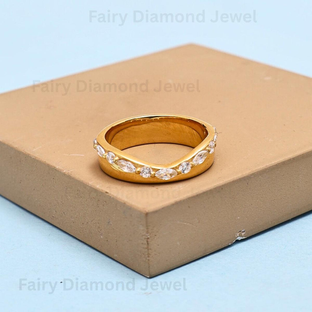Moissanite Marquise 14k Gold Wedding Band, Deep Curved Stacking Chevron Ring