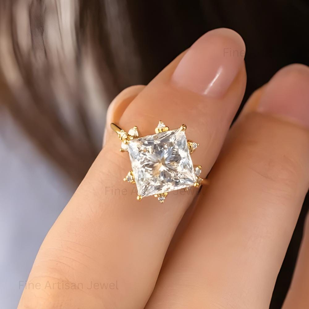 Princess Cut Moissanite Bridal Ring Set: 14K Gold Wedding Band