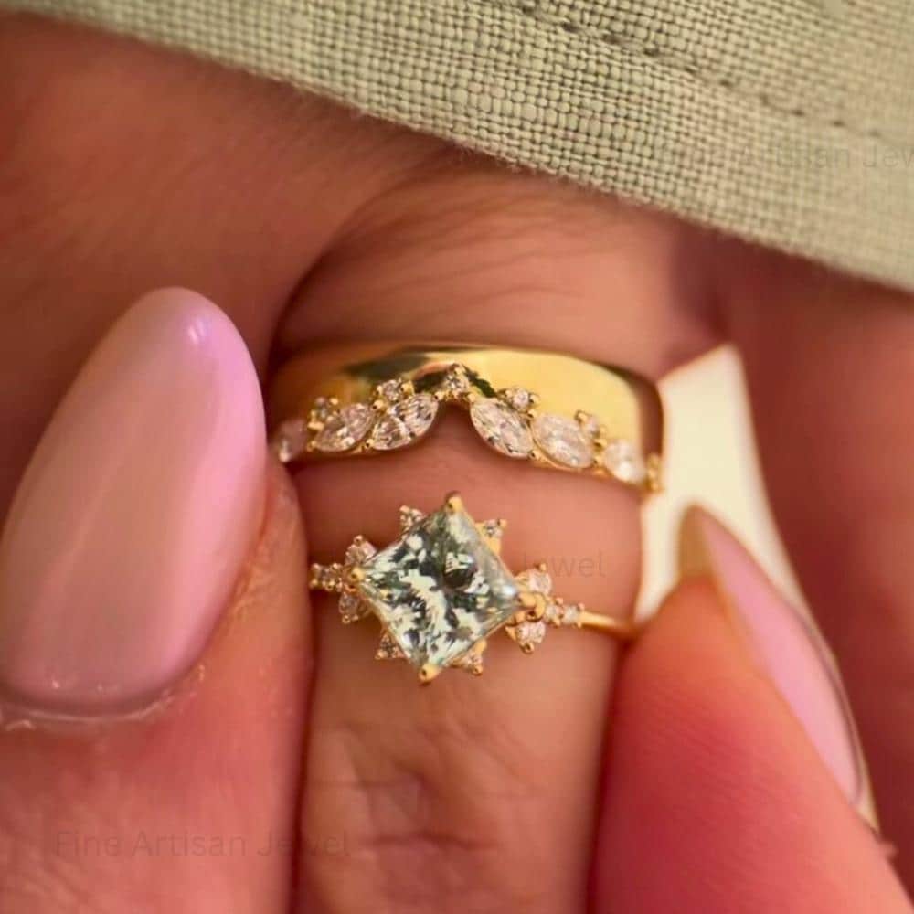 Princess Cut Moissanite Bridal Ring Set: 14K Gold Wedding Band