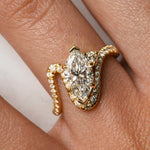Load image into Gallery viewer, East West Marquise Moissanite Ring Set, 14k Gold Pave Chevron Wedding Band
