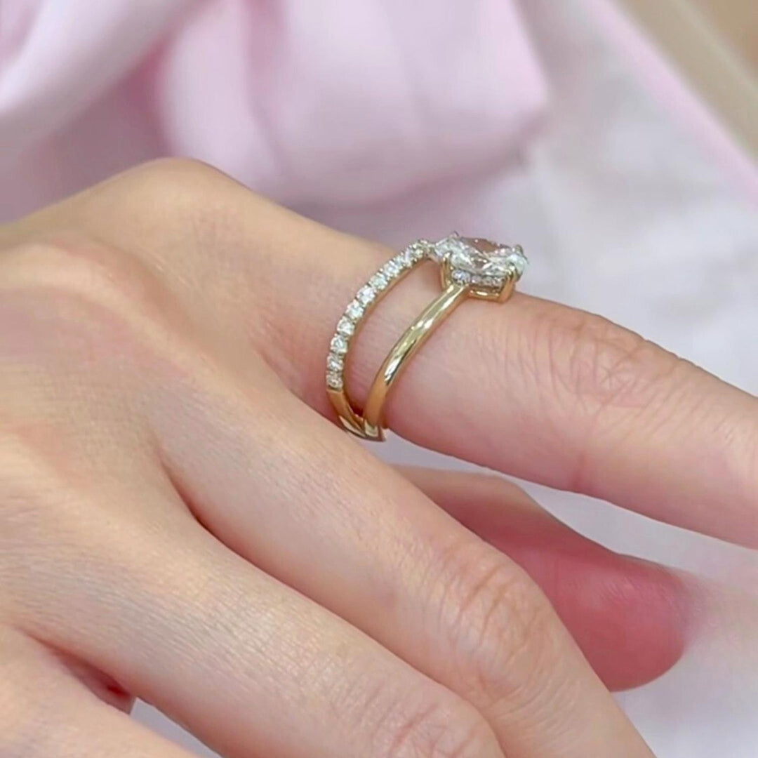 Oval Moissanite Engagement Ring: 14K White Gold Wrap Band, Zircon Pave