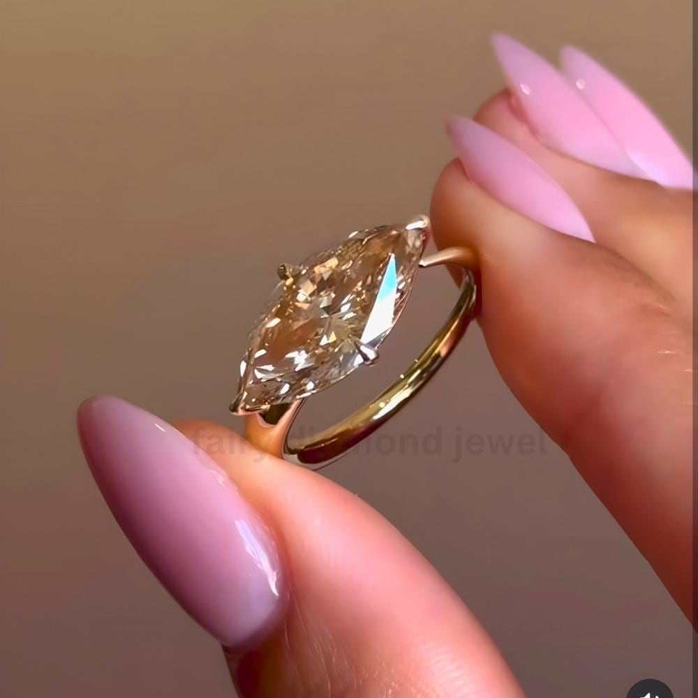 Champagne Marquise Moissanite Ring: 14k Gold East West Engagement Band