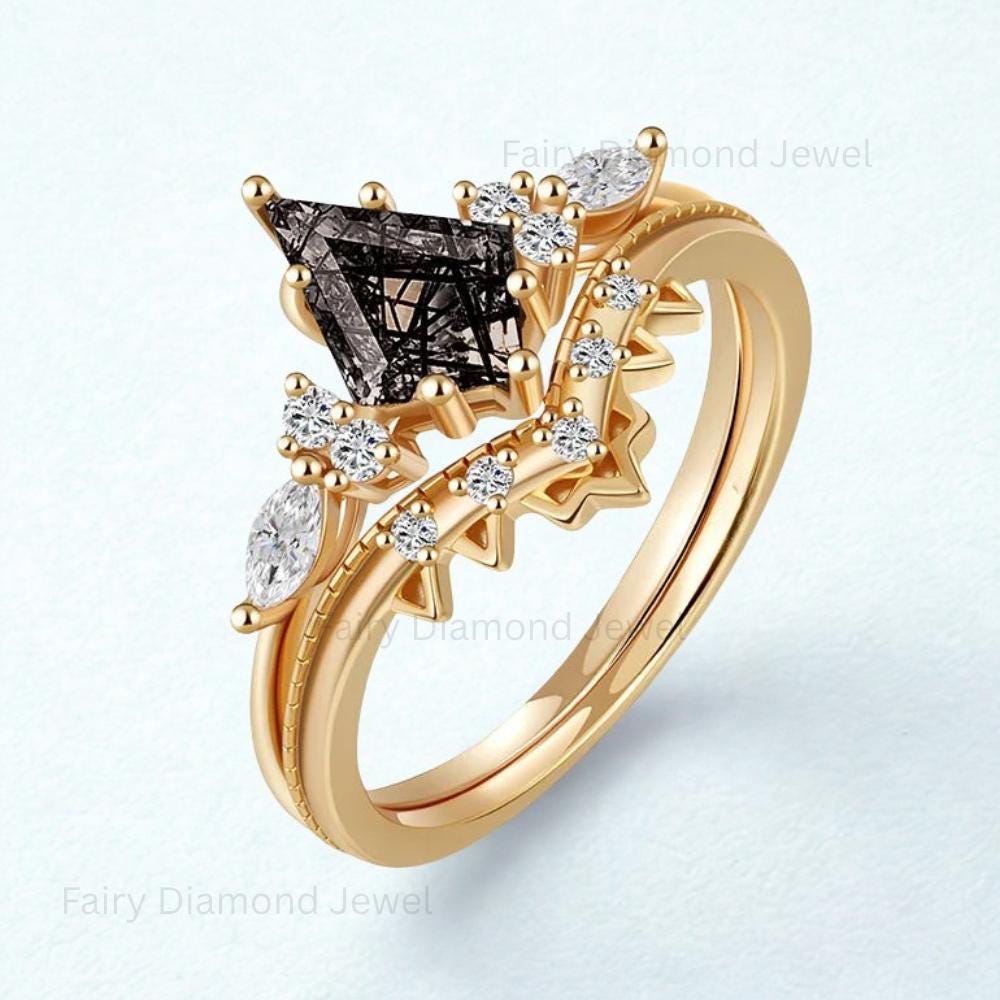 Kite Cut Black Rutilated Quartz Fairy Ring Set: Art Deco 14K Gold, Moissanite
