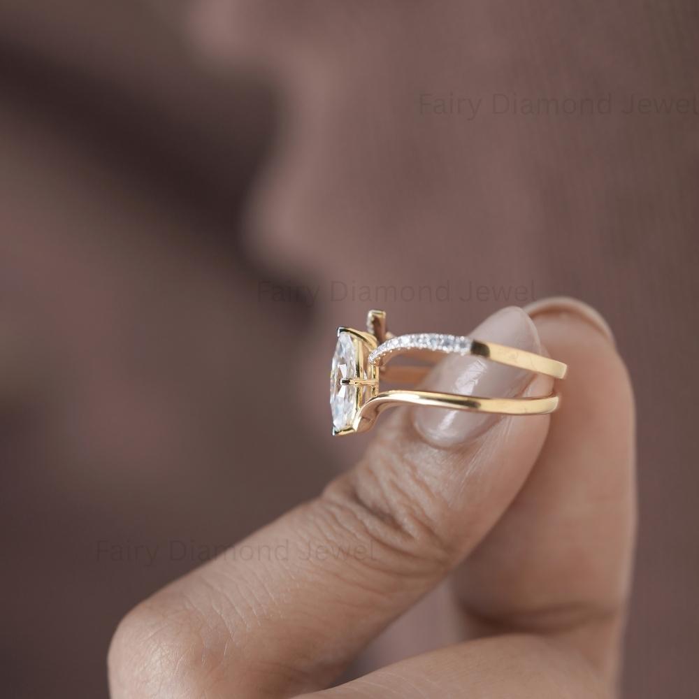 East West Marquise Moissanite Diamond Ring Set, 14K Yellow Gold Bypass Wedding Anniversary Ring