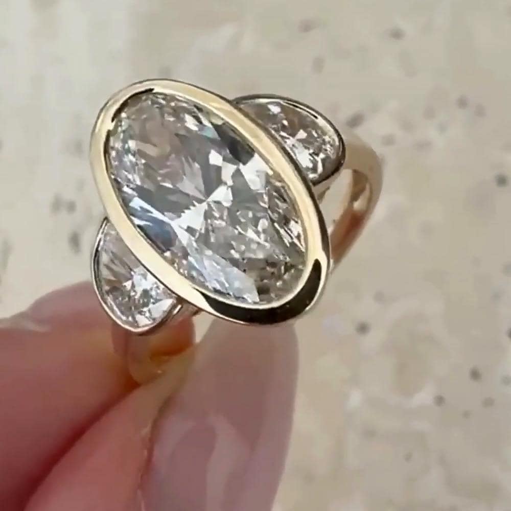 Antique Oval Moissanite Three Stone Ring: 14K Yellow Gold Bezel Wedding Band