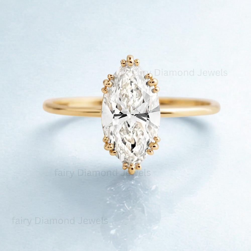 Marquise Moissanite Wedding Ring Set of 3: 14K Gold Lab Grown Diamond Curved Wide Solitaire Engagement Promise Ring