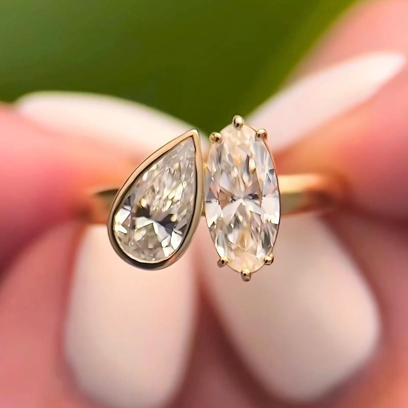 Toi et Moi Moissanite Wedding Ring: 14K Rose Gold Pear & Oval Cut