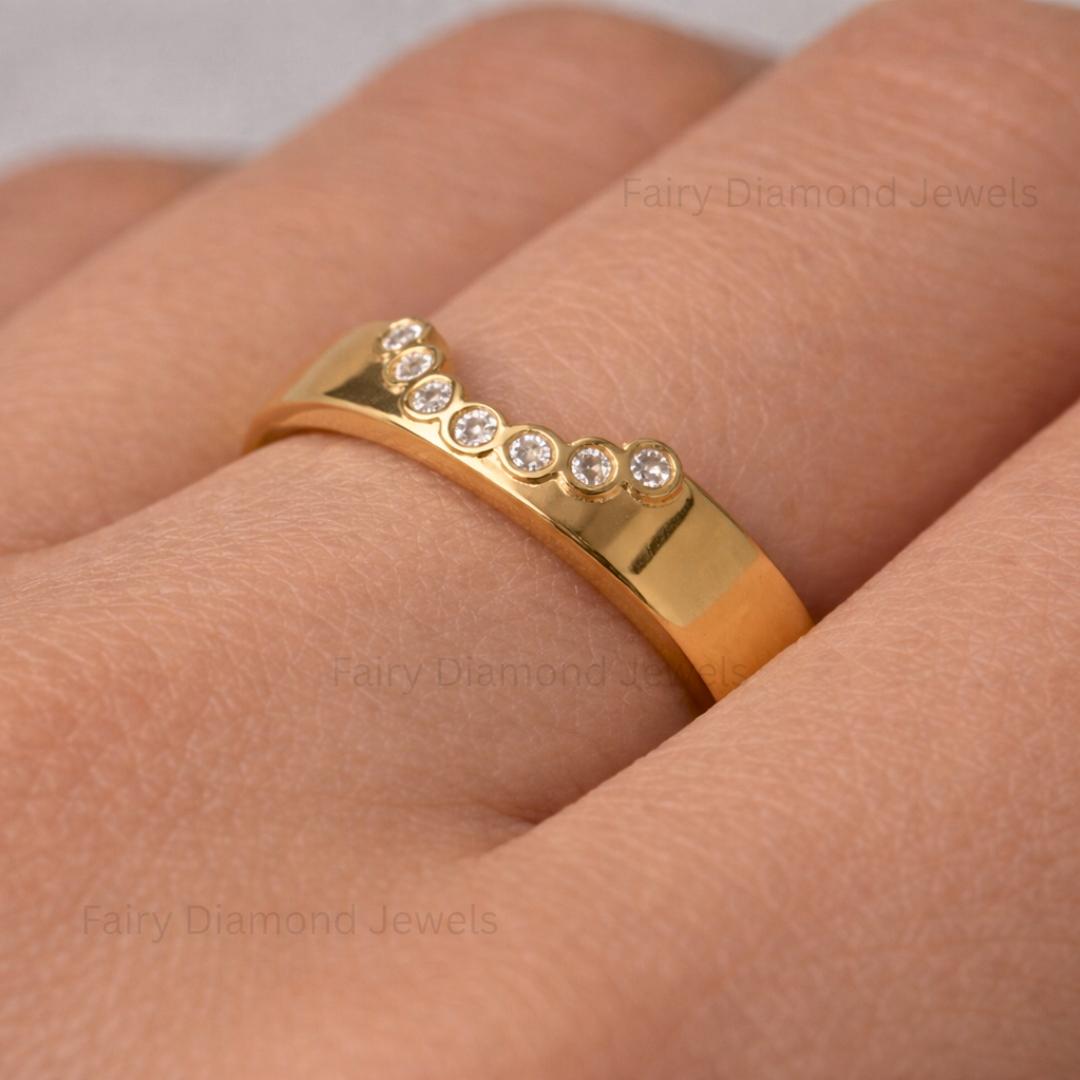 14k Yellow Gold Moissanite Cigar Contour Band, Thick Band Pave Stack U-Shaped Curved Chevron Bridal Wedding Ring for Women