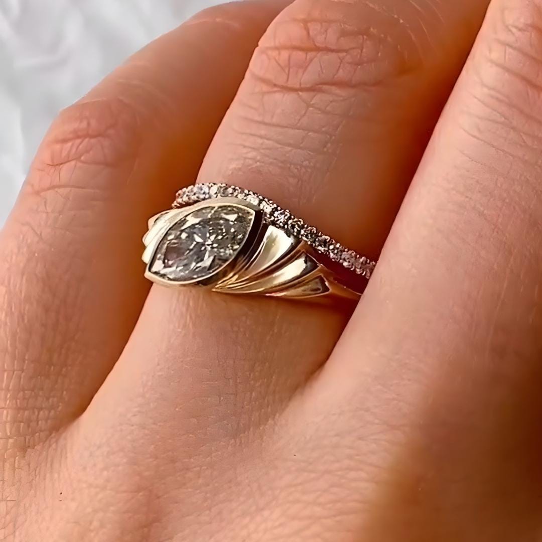 Marquise Moissanite Signet Ring: 14K Yellow Gold Bezel Band