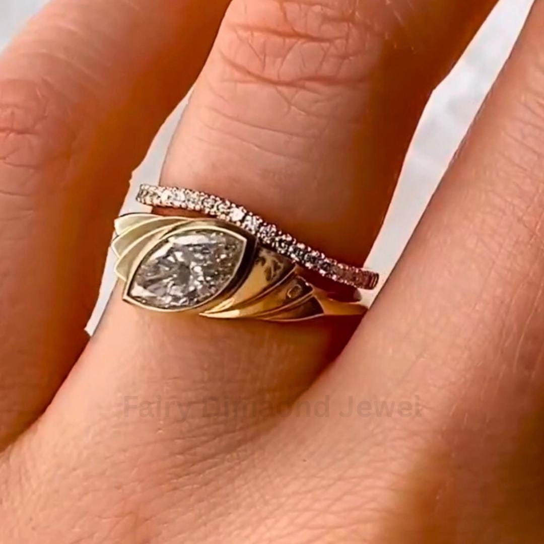Marquise Moissanite Signet Ring: 14K Yellow Gold Bezel Band