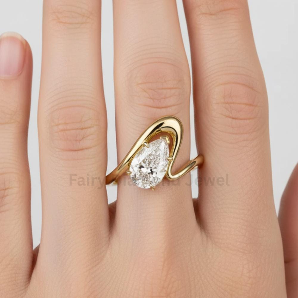 Pear Cut Moissanite Wavy Wedding Ring, Unique Boho 14k Solid Yellow Gold Teardrop Engagement Promise Band