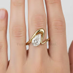 Load image into Gallery viewer, Pear Cut Moissanite Wavy Wedding Ring, Unique Boho 14k Solid Yellow Gold Teardrop Engagement Promise Band

