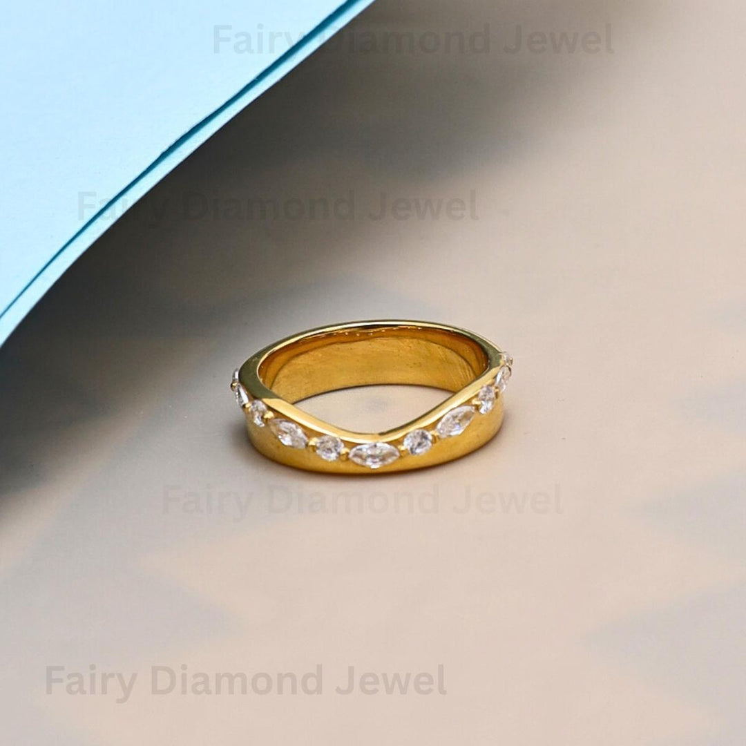 Moissanite Marquise 14k Gold Wedding Band, Deep Curved Stacking Chevron Ring