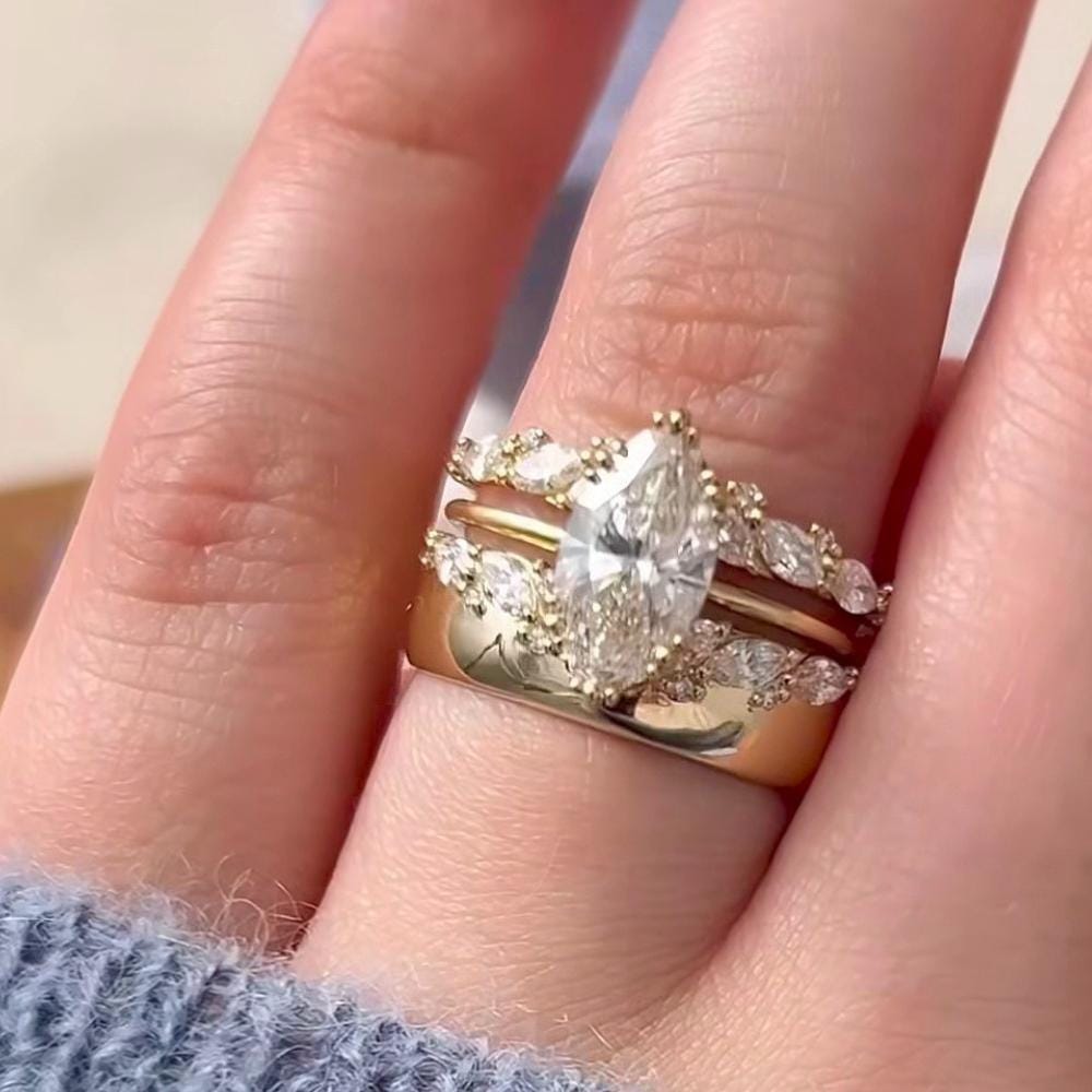 Marquise Moissanite Wedding Curved Wide Band: 14k Gold Diamond Chevron Stacking Engagement Ring