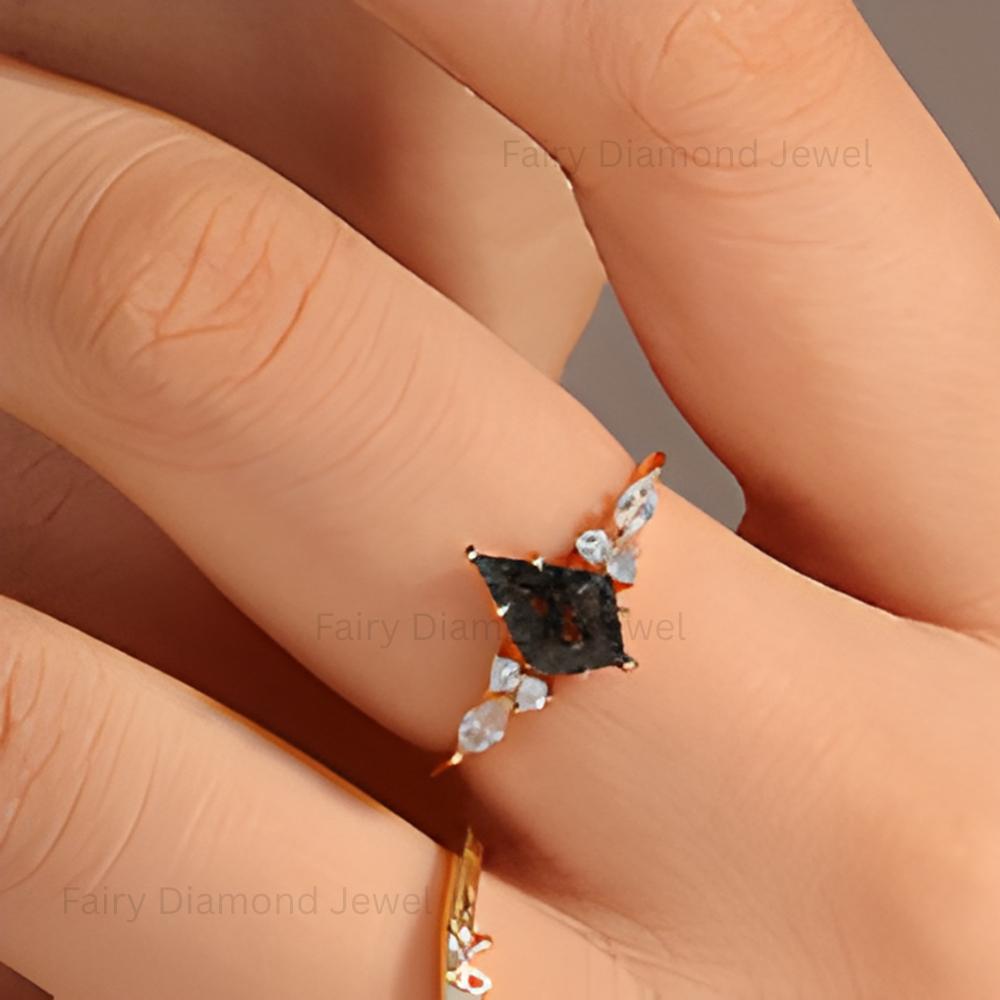 Kite Cut Black Rutilated Quartz Engagement Ring: Art Deco 14K Gold Moissanite Wedding Band