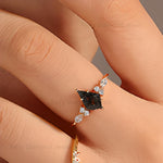 Load image into Gallery viewer, Kite Cut Black Rutilated Quartz Engagement Ring: Art Deco 14K Gold Moissanite Wedding Band
