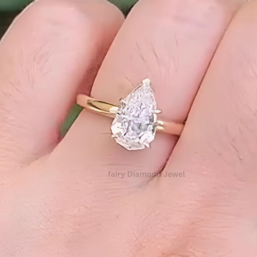 14K Gold Pear Moissanite Ring: Floral Basket Hidden Halo Engagement