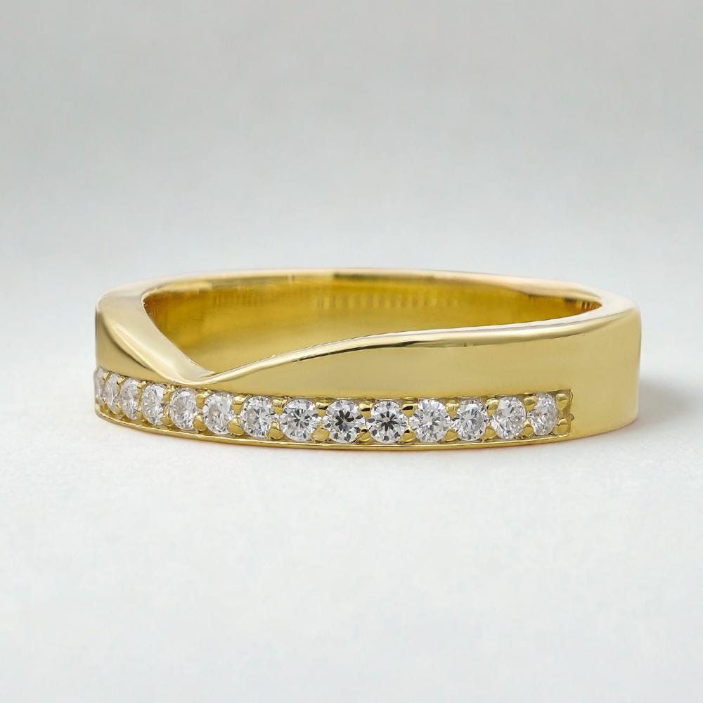 Round Moissanite Pave Curved Cigar Wedding Band, Minimalist V Shaped Diamond Chevron Stacking Thick Wide Band Ring, Unique Engagement Gift