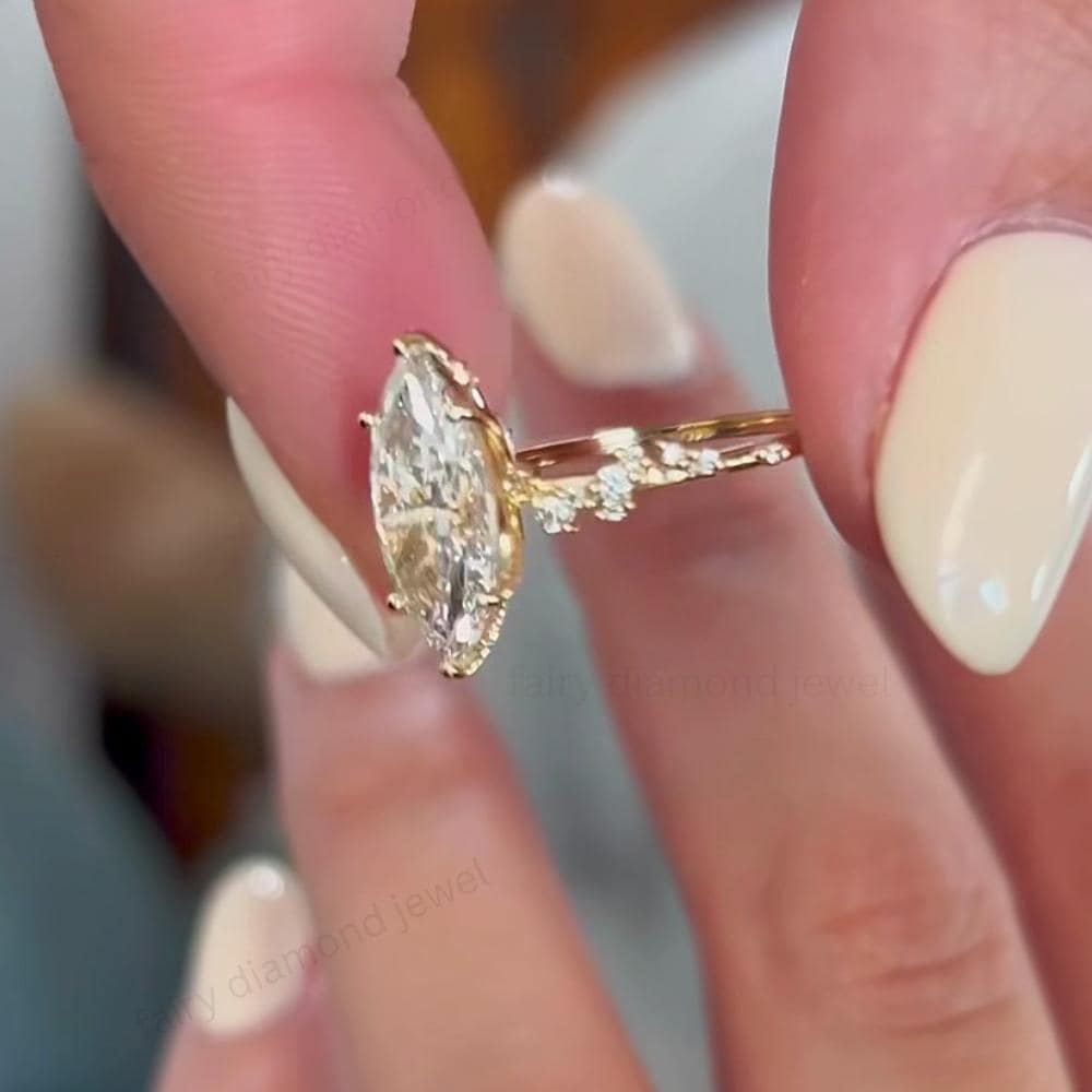 Marquise Moissanite Engagement Ring Set: Art Deco 14K Gold Curved Bridal Wedding Band Set