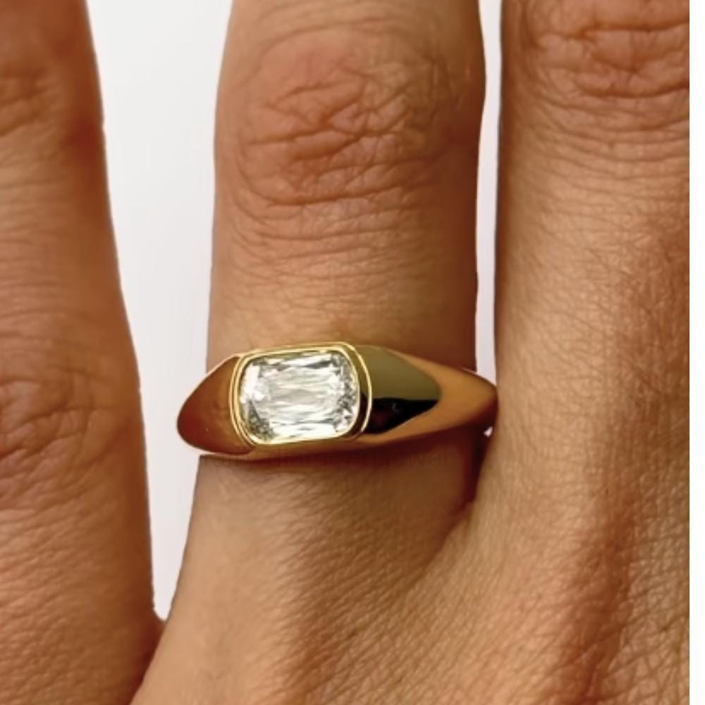 18K Gold Moissanite Signet Ring: Chunky Bezel Set Wedding Band