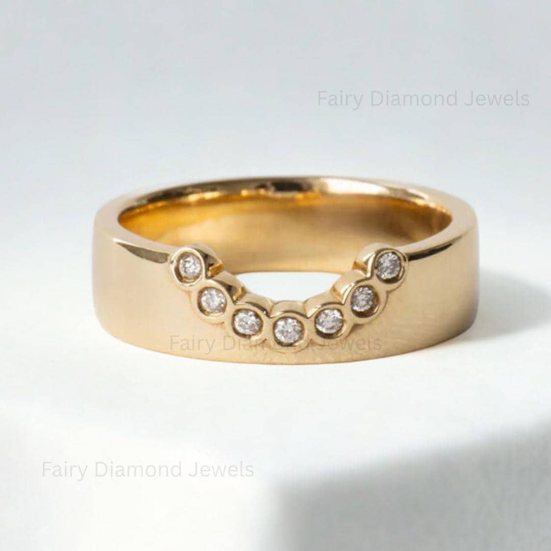 14k Yellow Gold Moissanite Cigar Contour Band, Thick Band Pave Stack U-Shaped Curved Chevron Bridal Wedding Ring for Women