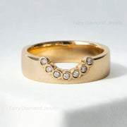 14k Yellow Gold Moissanite Cigar Contour Band, Thick Band Pave Stack U-Shaped Curved Chevron Bridal Wedding Ring for Women