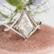 Kite Cut Moissanite engagement ring with 14K gold split shank in Art Deco geometric design