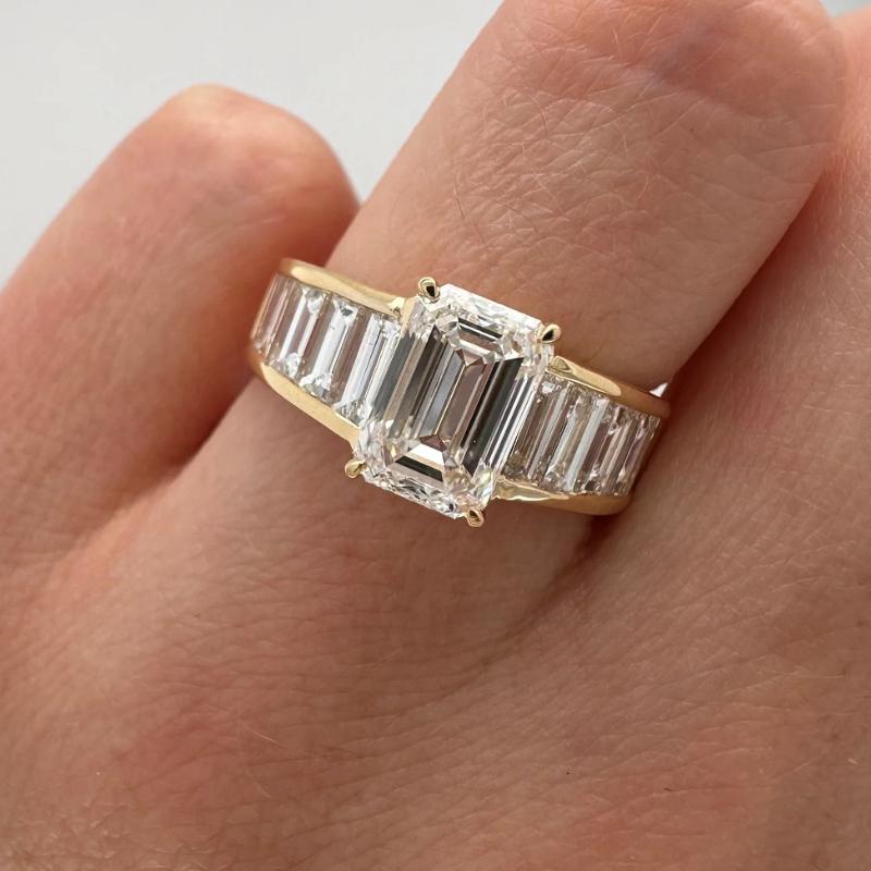 Emerald cut moissanite cluster ring: 10k rose gold baguette wedding solitaire