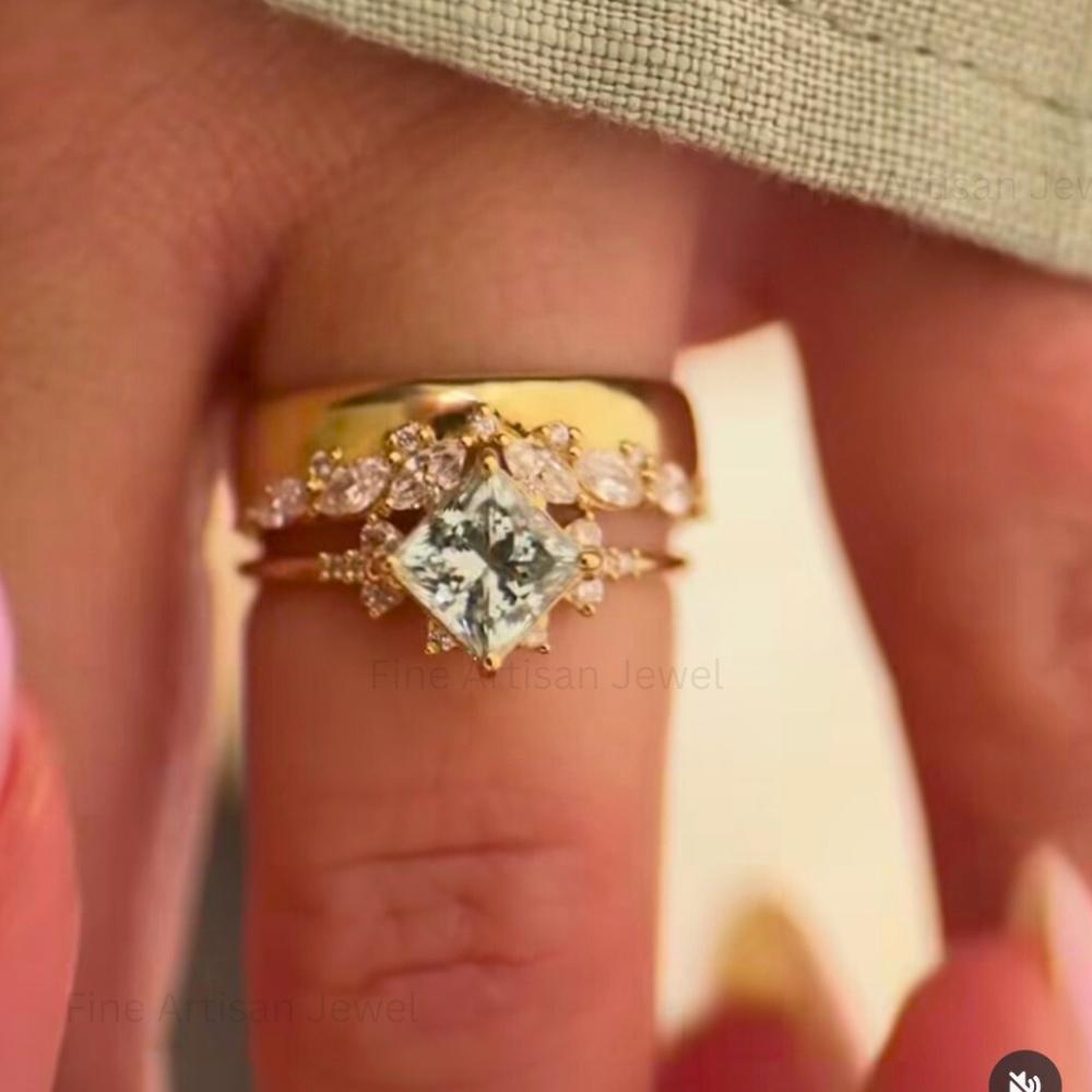 Princess Cut Moissanite Bridal Ring Set: 14K Gold Wedding Band