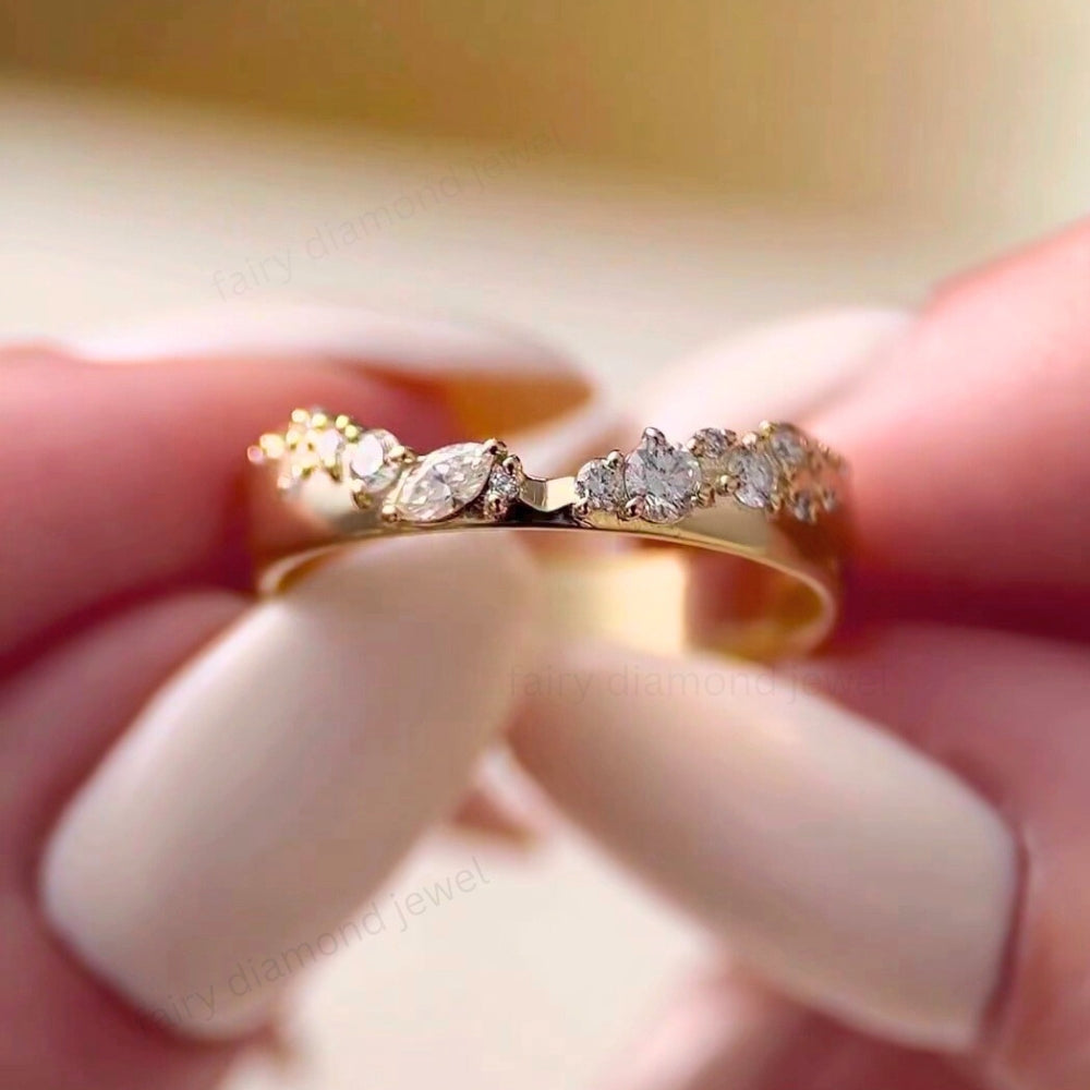 Round & Marquise Moissanite Gold Curved Wide Band, Unique Wedding Stacking Engagement Ring, V Shape Band in 14k Solid Gold for Women