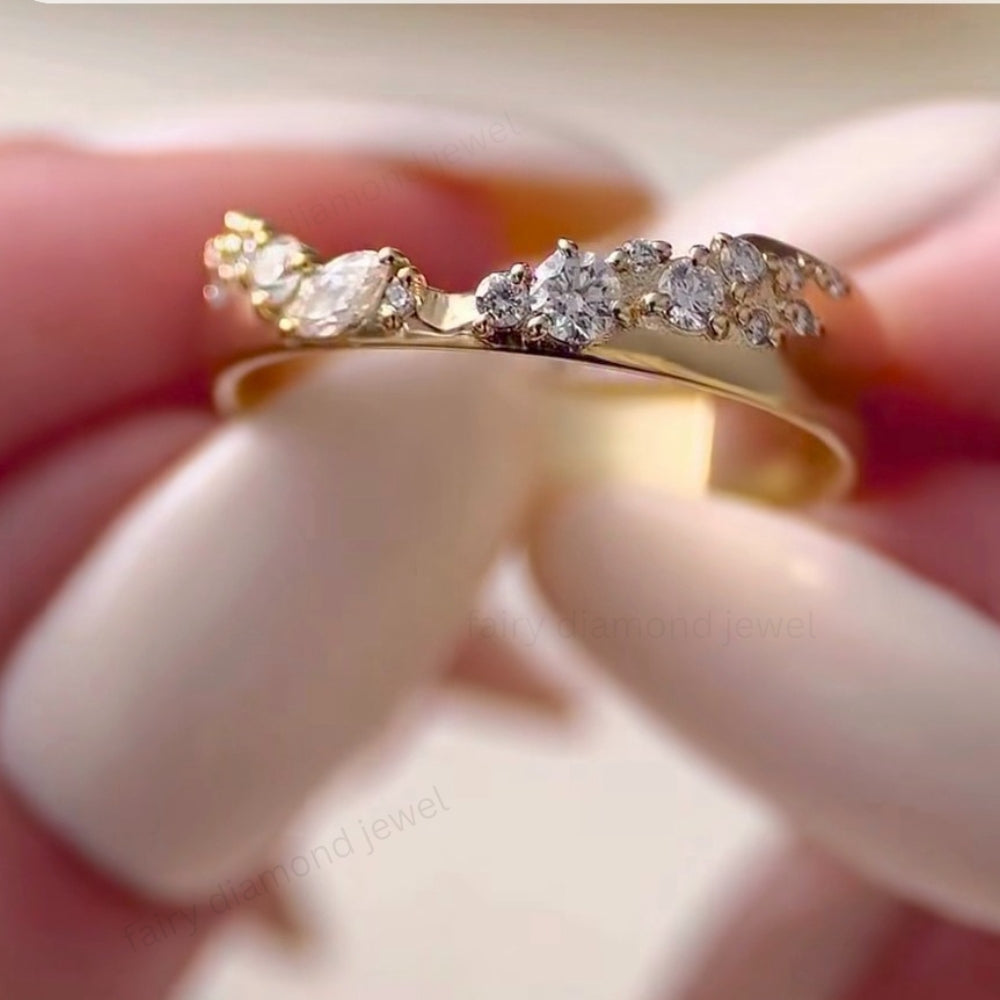 Round & Marquise Moissanite Gold Curved Wide Band, Unique Wedding Stacking Engagement Ring, V Shape Band in 14k Solid Gold for Women