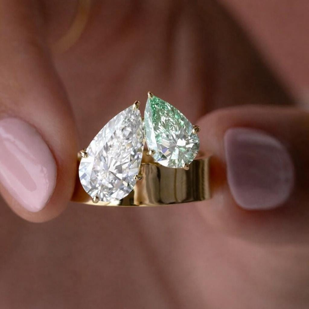 Pear Cut Moissanite 14K Yellow Gold Wedding Band: Unique Wide Teardrop Engagement Ring