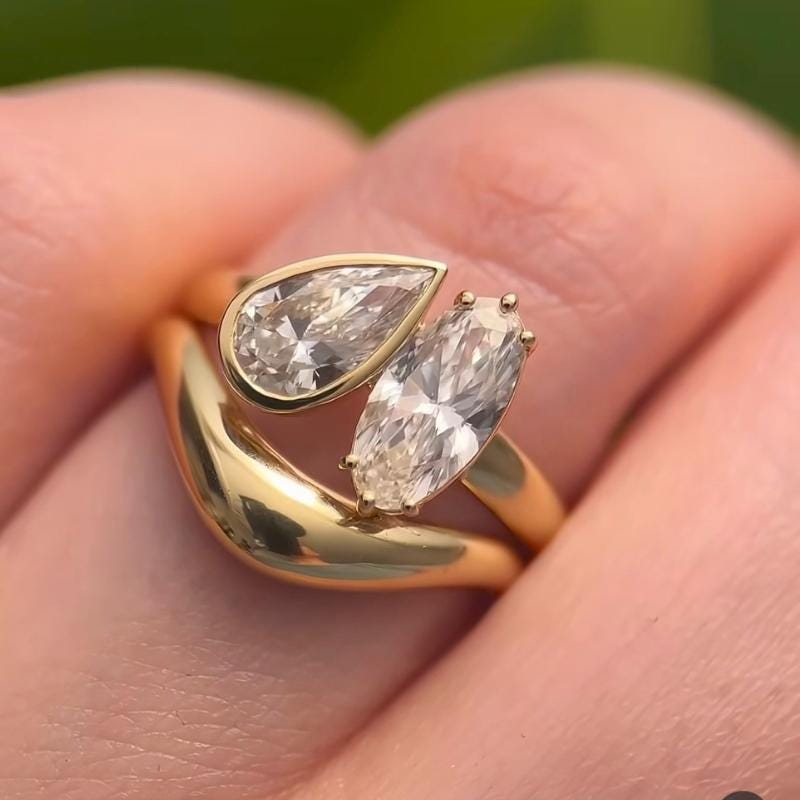 Toi et Moi Moissanite Wedding Ring: 14K Rose Gold Pear & Oval Cut