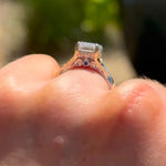 Load image into Gallery viewer, Emerald Cut Moissanite Wedding Solitaire Ring: Diamond Halo, 14K Split Shank Gold Engagement Ring

