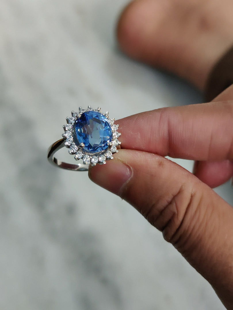 Oval Lab Sapphire Engagement Ring: Sterling Silver Promise Ring