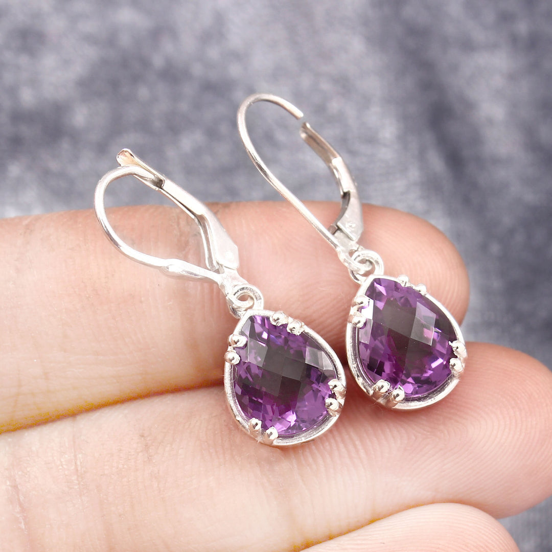 Amethyst Teardrop Purple Gem Earrings, February Birthstone, Sterling Silver