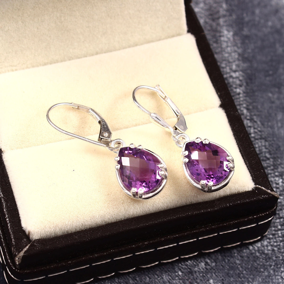 Amethyst Teardrop Purple Gem Earrings, February Birthstone, Sterling Silver