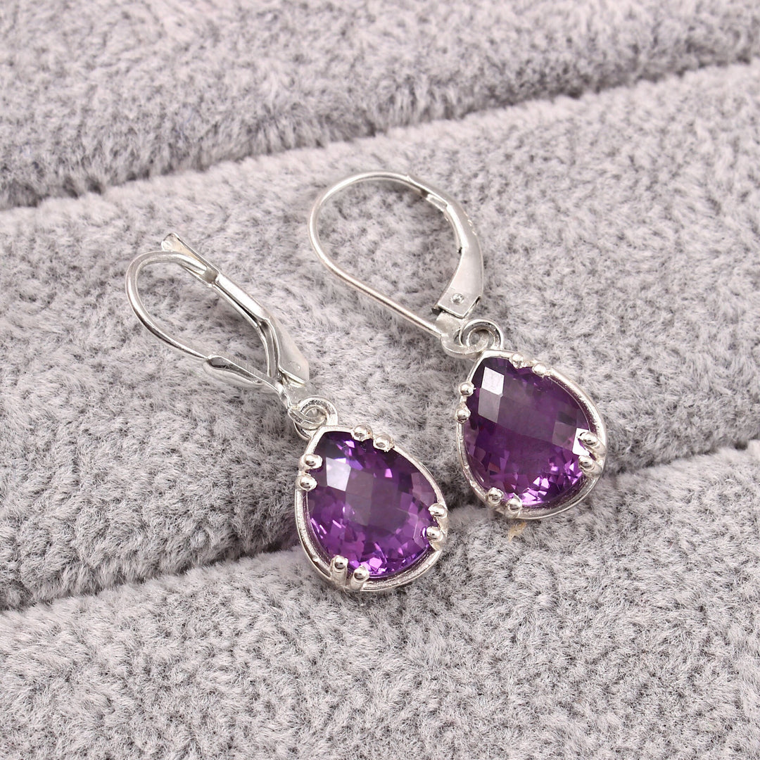 Amethyst Teardrop Purple Gem Earrings, February Birthstone, Sterling Silver