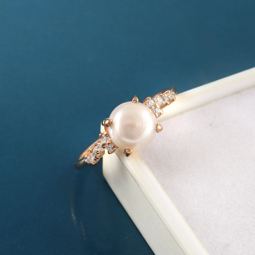 Rose Gold Pearl Engagement Ring Set: Sterling Silver, Simulated Diamond Accents