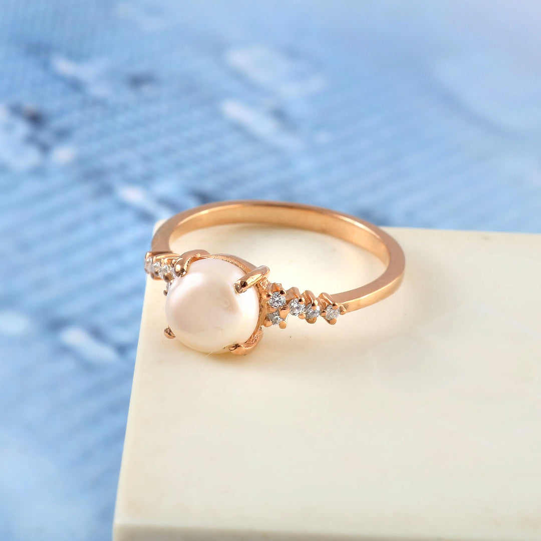 Rose Gold Pearl Engagement Ring Set: Sterling Silver, Simulated Diamond Accents