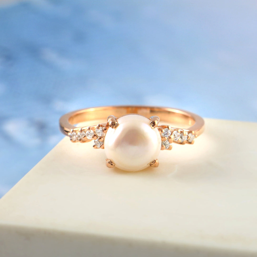 Rose Gold Pearl Engagement Ring Set: Sterling Silver, Simulated Diamond Accents