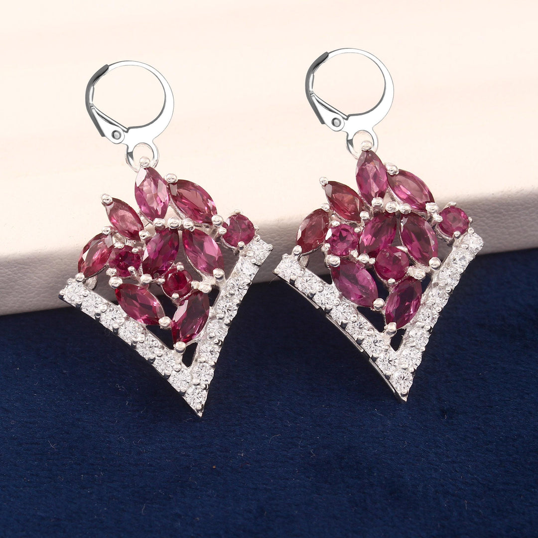 Rhodolite Garnet Sterling Silver Earrings: Simulated Diamond Accents