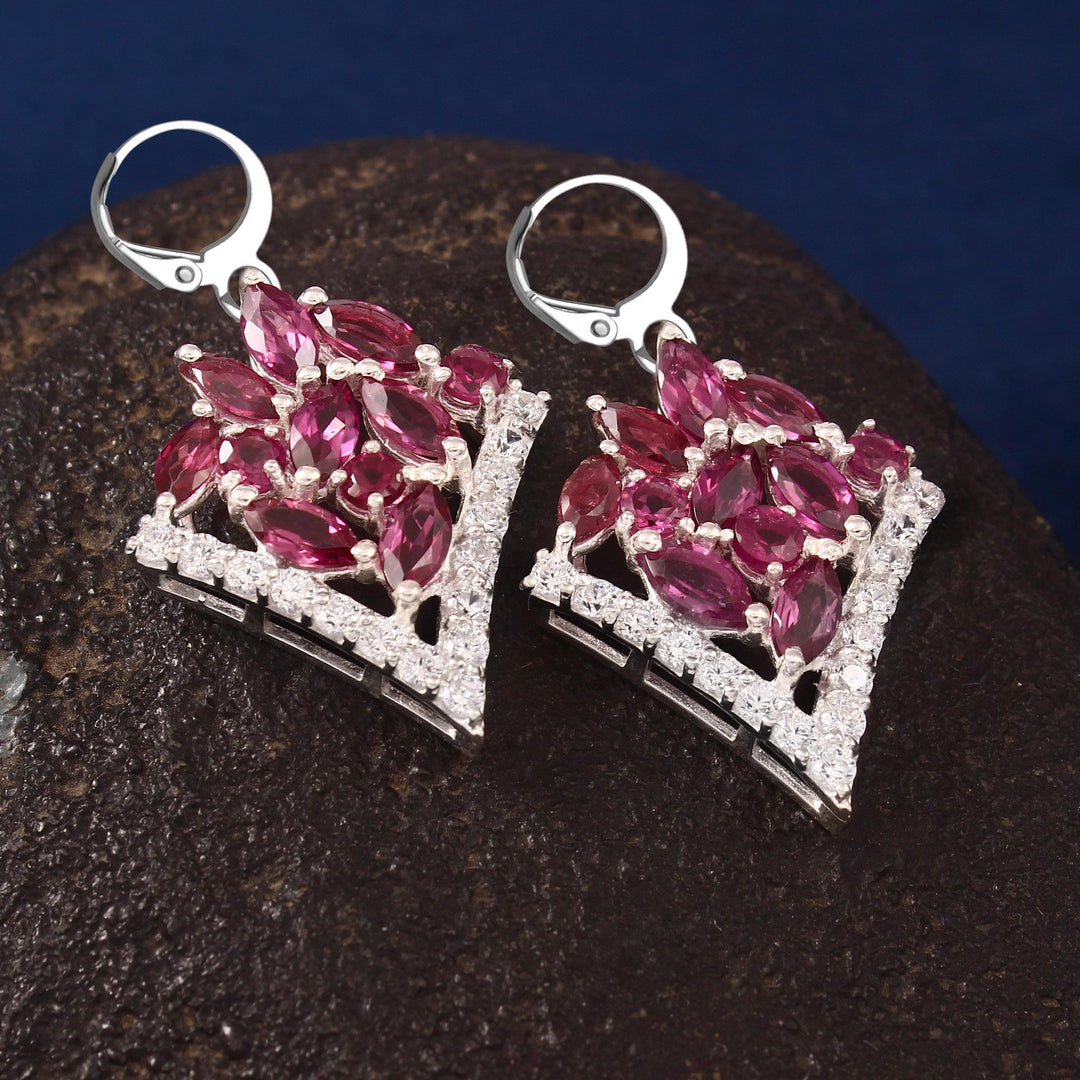 Rhodolite Garnet Sterling Silver Earrings: Simulated Diamond Accents