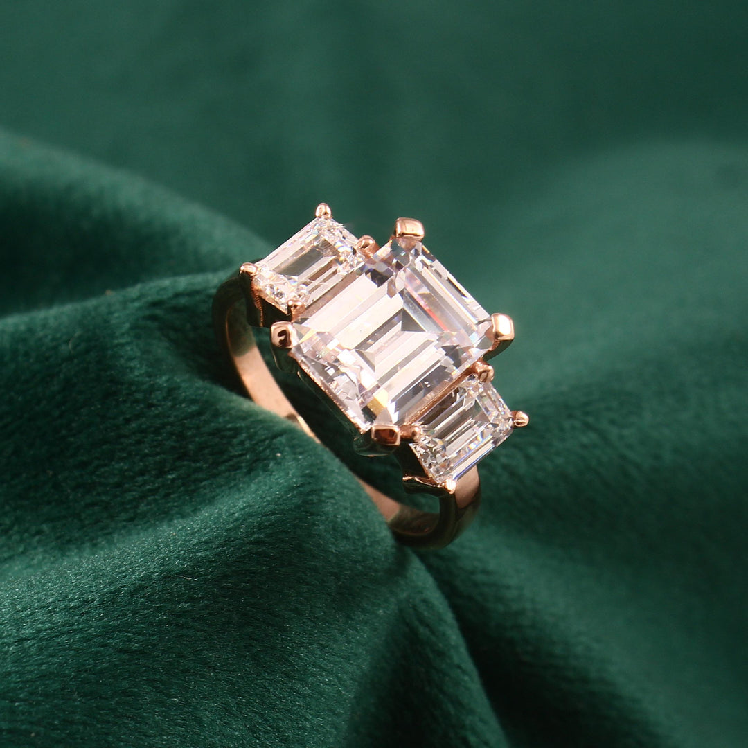 Three Stone Emerald Cut Moissanite Engagement Ring, Sterling Silver Prong Set (8x10mm)