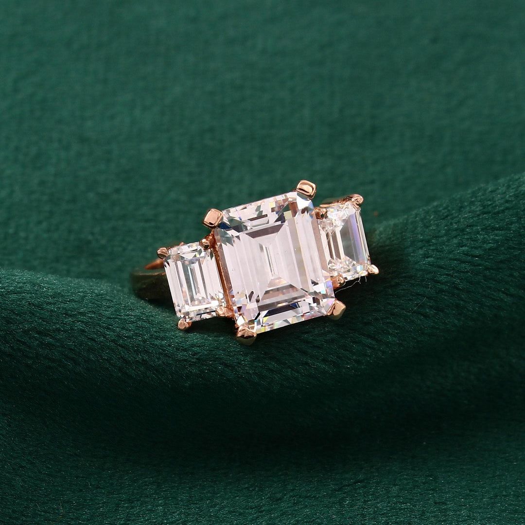 Three Stone Emerald Cut Moissanite Engagement Ring, Sterling Silver Prong Set (8x10mm)