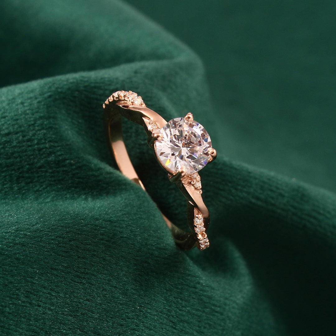 Round Moissanite Engagement Ring: 14K Solid Gold Twisted Dainty Promise Wedding Ring Gift