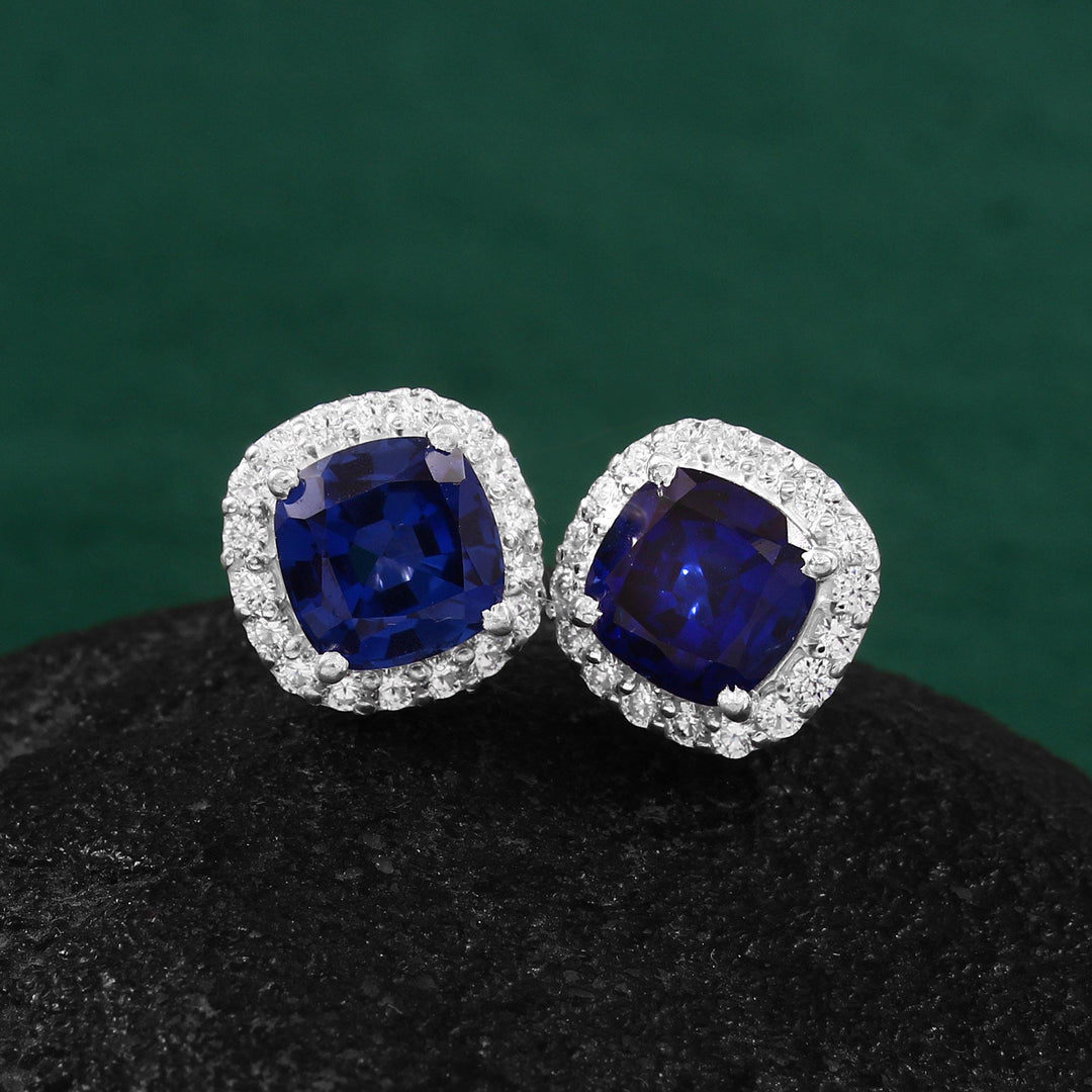Lab Sapphire Stud Earrings, 925 Sterling Silver, Rhodium Plated, 7mm Gemstone