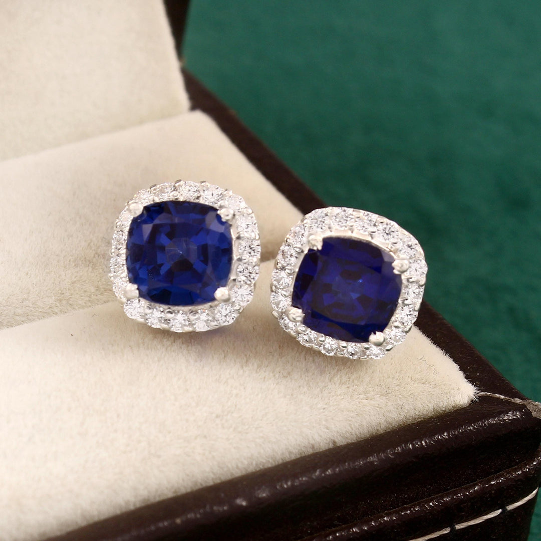 Lab Sapphire Stud Earrings, 925 Sterling Silver, Rhodium Plated, 7mm Gemstone
