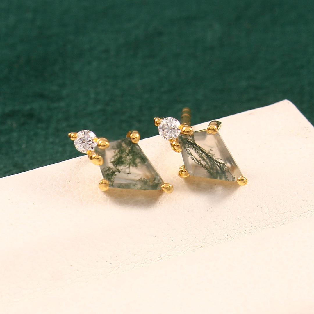 14K Gold Moss Agate Stud Earrings: Kite Piercing