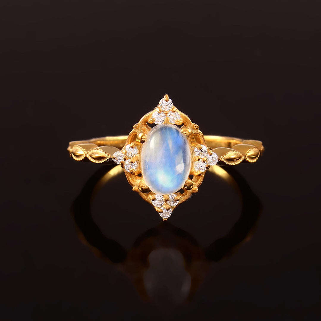 Vintage Oval Moonstone Ring: Sterling Silver Diamond Promise Ring